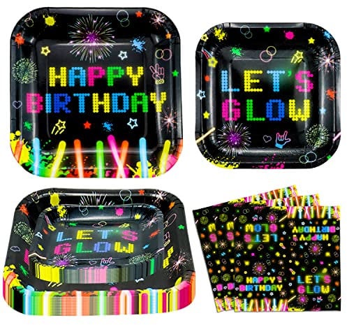 120 Pack Neon Glow Tableware Set - Glow in The Dark Birthday Plates, Napkins, Blacklight Party Decoration Serves 40