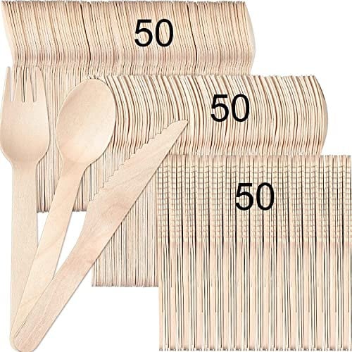 NEEDFULON 150 pièces ensemble de couverts jetables en bois écologiques biodégradables et compostables, cuillères profondes, fourchettes solides, couteaux tranchants.