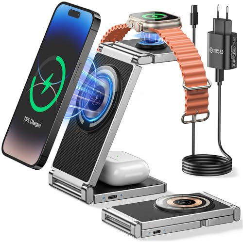 REOKILY 3 in 1 Wireless Charging Station Mag-Safe Charger Stand iPhone and Watch Charging Stand for iPhone 15/14/13/12 Max/Pro/Mini and for Airpods 1/2/3/Pro