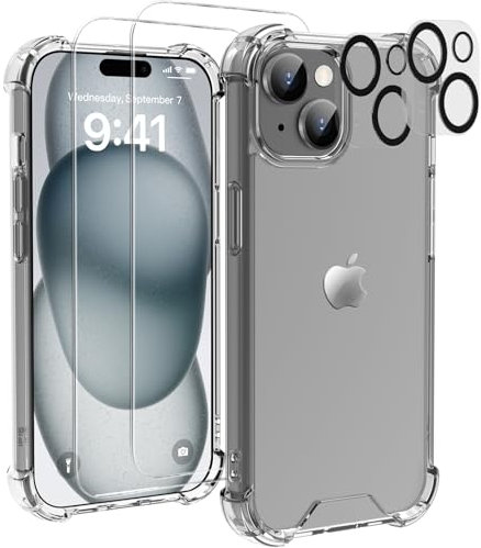 MASETECH Coque Transparente pour iPhone 15 - Objectif d'appareil Photo 5 en 1 et Protecteur d'écran en Verre