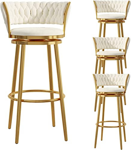 Tabourets de Bar avec Dossier de 1/2/3/4, chaises de Bar pivotantes avec Repose-Pieds, Tabouret de Cuisine, siège en Velours Blanc, Cadre en métal doré, Chaise de Petit-déjeuner pour intéri