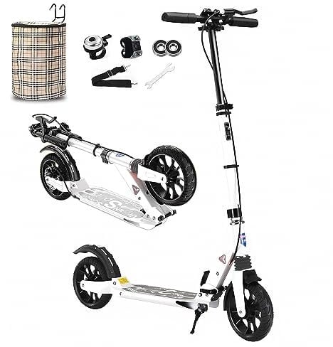 Bueuwe Big Wheel Scooter Tretroller Erwachsene 150 kg Tragkraft, City Roller für Erwachsene, Roller Kinder 10 Jahre, Cityroller mit Handbremse und Stoßdämpfer, 4 Höhenverstellbar, Weiß