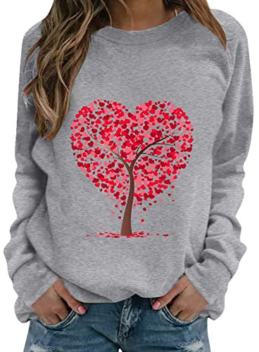 WLHBF Kapuzenpullover Damen Lang Herzdruck, langärmliges Sweatshirt, weiche Oberteile, lässig, O-Ausschnitt, Bluse, Pullover Kordel Schlitten (Grey, XXL)