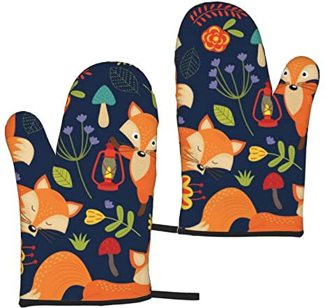 LAMAME Nette Tier Fuchs Blume gedruckt Ofenhandschuhe Hitzebeständige Ofenhandschuhe Isolierte Handschuhe