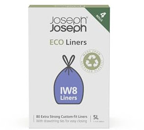 Joseph Joseph Eco Liners Iw8 Eco Recycled Plastic Bin Liners, Kitchen Bathroom Waste Bags With Tie Tape Drawstring Handles, Extra Strong – Pack Of 80, Holds 5 Litres, Grey