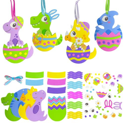 Bseical 8 Stück Bastelset Dinosaurier Für Kinder,Oster Bastelsets Für Kinder,Ostern Anhänger Deko,DIY Osterdeko Für Ostern,Ostern Anhänger Deko,Ostern Dino Moosgummi Kreativsets Bastelsets Für Kinder