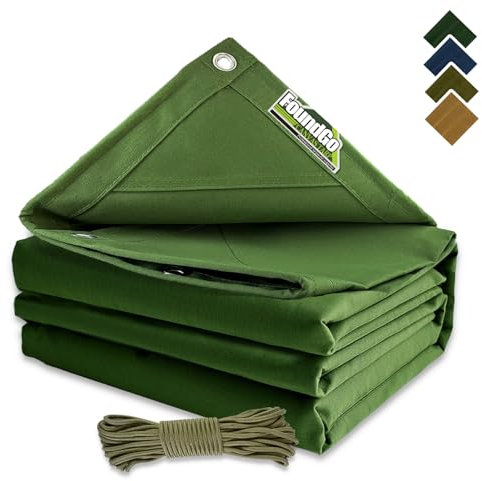 FoundGo Canvas Tarp 3x3m, 0.55mm/22 mil Canvas Tarpaulin Heavy Duty Water Resistant with Reinforced Grommets, Green Tarpaulin Cloth Covers for Car, Roof, Boat, Camp, Canopy with Ropes