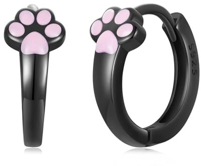 Qings Pfotenabdruck Creolen Ohrringe für Damen, 925 Sterling Silber Rosa Katze Pfote Schwarze Creolens Ohrring Tier Pfote Klein Hoop Huggie, Süß Katzen Schmuckgeschenk für Frauen Mädchen Tochter