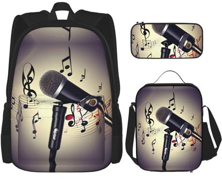 HJLUUFT Microphone with Music Note 3PCS Backpack Set,Large School Bag with Lunch Box and Pencil Case,backpack set,Stylish and Practical