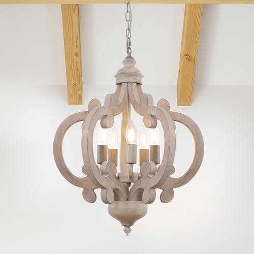 KMaiPem Lámpara Techo de Madera, 5 Luces Lampara Techo Colgante de Granja Ajustable en Altura, Rústica Francesa Moderna Lampara Araña para Salon, Dormitorio, Cocina, Isla de Cocina