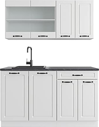 Vicco Küchenzeile R-Line, Küchenblock, Weiß Landhaus/Weiß, 140 cm, AP Anthrazit