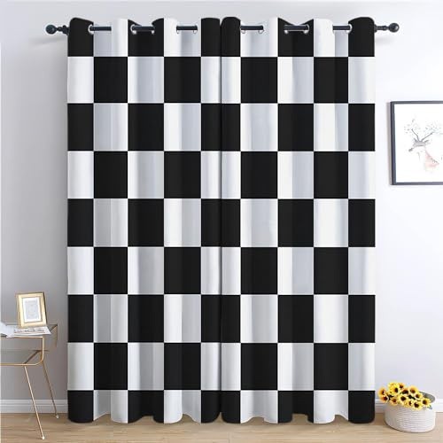 Black White Checked Blackout Curtains 92 x 54 Inch, Retro Geometric Checkerboard Noise Reducing Energy Efficient Curtains, Treatments Insulated Window Drapes for Bedroom, Living Room, Kids Nursery