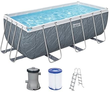 Bestway Power Steel Frame Pool Set mit Filterpumpe 412 x 201 x 122 cm, Marmor-Optik (Schiefergrau), eckig