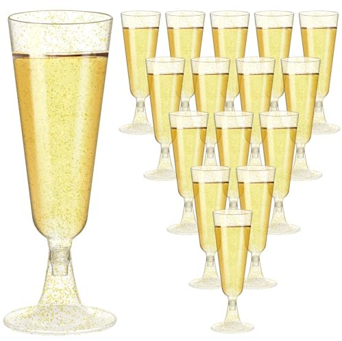 CZMAO Sektgläser Plastik 50 Stück Sektgläser Kunststoff 150ml Champagner Gläser Mehrweg Sektgläsers Plastikbecher Plastik Cocktailgläser mit Goldglitter für Party Geburtstag Hochzeit