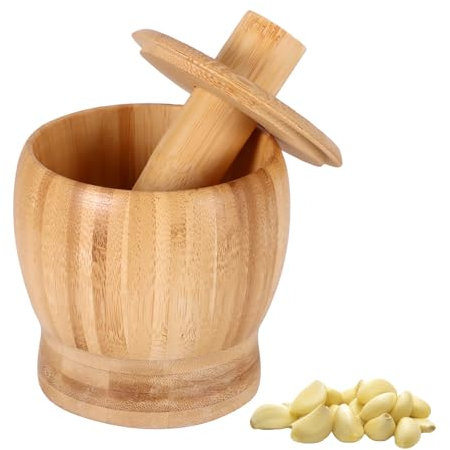 Mortier et pilon en bambou naturel avec couvercle et cuillère - Presse-ail et gingembre - Pour écraser et broyer les épices, les herbes - Marron - Taille L