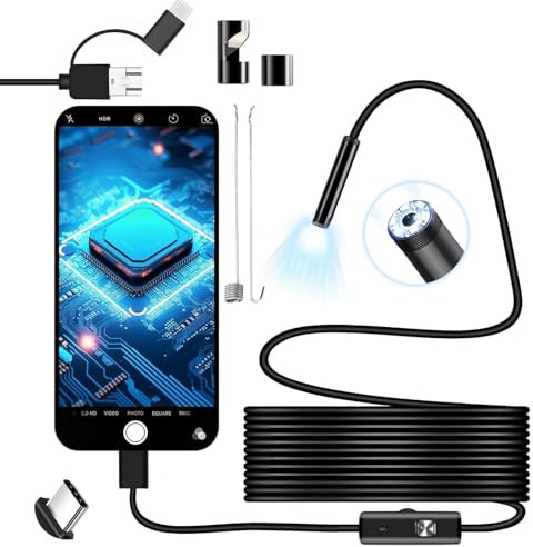 Telecamera di Ispezione Comprend des Prises USB, Type-C et Micro-USB, Sonda di diametro 5MM, Telecamera Endoscopio IP67 Impermeabile con 6 LED per Android, tablet, PC Windows(3.5m)