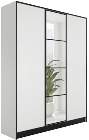 KIER FURNITURE Kleiderschrank mit Spiegel - Schrank Schlafzimmer - Garderobenschrank Flur Diele - Ausziehbare Kleiderstange - Eden v1 - BxHxT 156,4x205x39cm - 3 Türen - Weiß