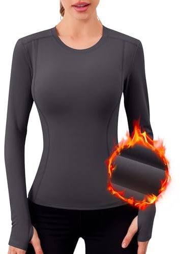 IECCP Damen Langarm Thermoshirt mit funktionalen Daumenlöchern Active Warm Langarmshirt Thermoshirt Damen Thermo Unterhemd für Frauen Winter Running Laufshirt Grau L