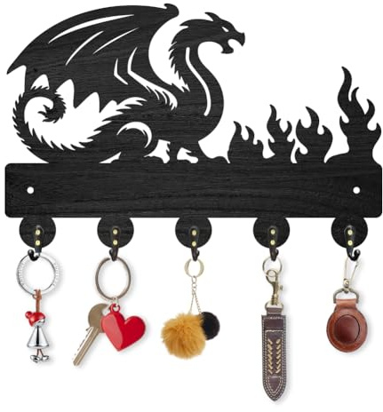 INFUNLY Drache Schwarzer Schlüsselhalter Aus Holz Für Halloween 7.9 × 11.8 Flammen Schlüsselhalter Wandhalterung Drachen Schlüsselhalter Mit 5 Haken Schlüssel Organizer Kleiderbügel Für Zuhause Eing
