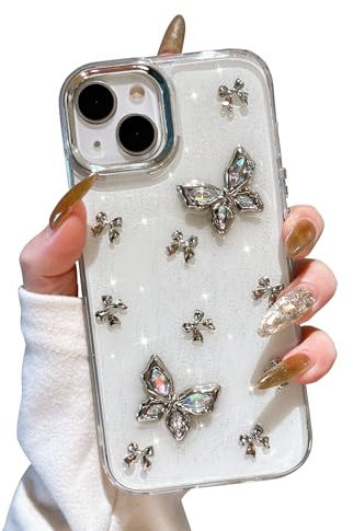 EYZUTAK Case for iPhone 15, Bling Glitter 3D Butterflies Bowknot Phone Case Cute Crystal Clear Bow Aesthetic Case Slim Soft Durable TPU Transparent Protective Cover for Women Girls - Butterfly