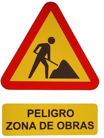 FERRETELIX® Cartel señal PVC 40 cm x 30 cm peligro zona de obras 1 mm espesor G