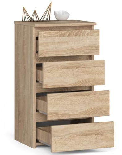 Happy Babies Kommode mit 4 Schubladen Weiß Schrank mit Schubladen Schubladen mit leichtlaufenden Rollen Kleiderschrank mit viel Stauraum 74x40x35 (Sonoma-Eiche)