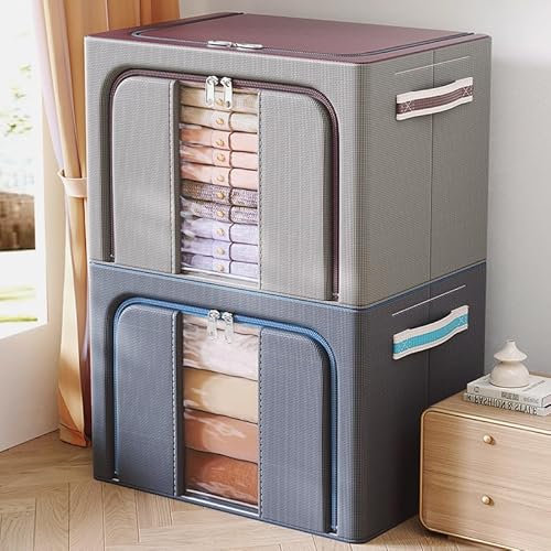 100L wardrobe organizer and storage, foldable Oxford cloth steel frame box, transparent windows and handles, waterproof, can accommodate large capacity clothes, bedding, blankets, 2-piece set (blue)