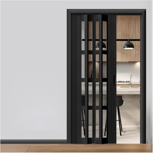 AVLLSO Puertas correderas Plegables Puerta de Plegado de PVC Negro con Ventanas de acrílico, Habitación retráctil con Paredes de privacidad Corredor Utilizado(WxH 20x80in(51x203cm))