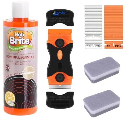 Inovake® Hob Cleaner Bundle, Ceramic Hob Cleaner & Hob Scraper Tool Non-Scratch, Double-Sided Cleaning Sponges to use with Hob Brite, Spare Plastic & Metal Blades, Glass Ceramic & Glass Induction Hobs