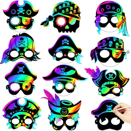 DIFLAX 24 Stück Piraten Kratzbilder, Papiermasken Zum Bemalen, Piraten Bastelset, Pirat, Piraten Basteln Kinder, Piratengeburtstag, Kinder Masken Zum Bemalen Für Piratenparty, Kindergeburtstag
