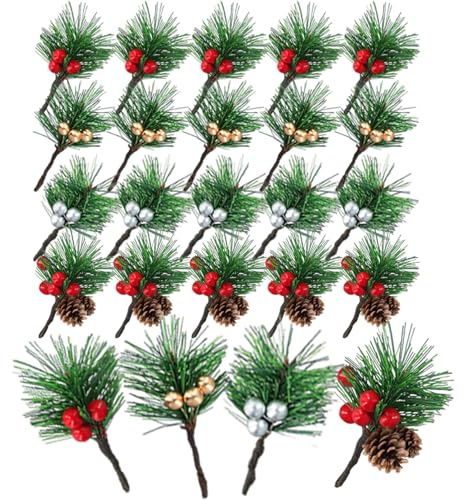 RHQFDM 20 Stück Kleine Künstliche Tannenzweige, mit Beeren & Zapfen | Weihnachtszweige Deko, immergrün, für Girlanden/Winterhochzeit, pflegeleicht, Wiederverwendbar, Innen/Außen (4 Stile)