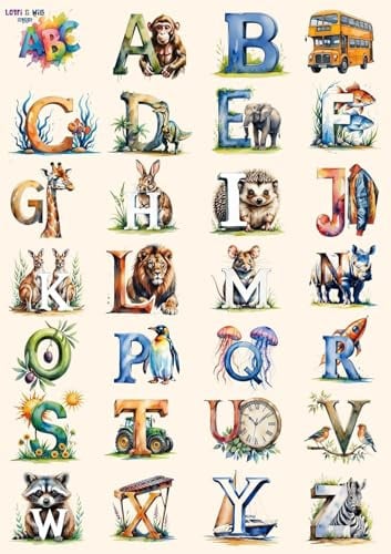 Lotti & Will ABC Poster Größe von 60 x 42 cm – Alphabet Lernposter, Vorschule & Kita | Pädagogische Wanddekoration, Lernhilfe ab 3 Jahren abc poster (A2 ohne Rahmen)