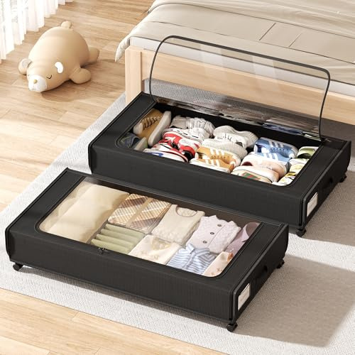Oneyus 2 Pack Under Bed Storage on Wheels, 66L Large Capacity Under Bed Storage Box with Lid, Portable Organiser for Clothes, Shoes, Bedding (XXXL)
