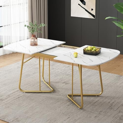 vutizal Ausziehbarer Esstisch Weiß mit Marmoroptik und Goldenen Beinen, 140/180 x 80 x 75 cm moderner Esszimmertisch, platzsparender Küchentisch für 4-6 Personen, luxuriöser Esstisch