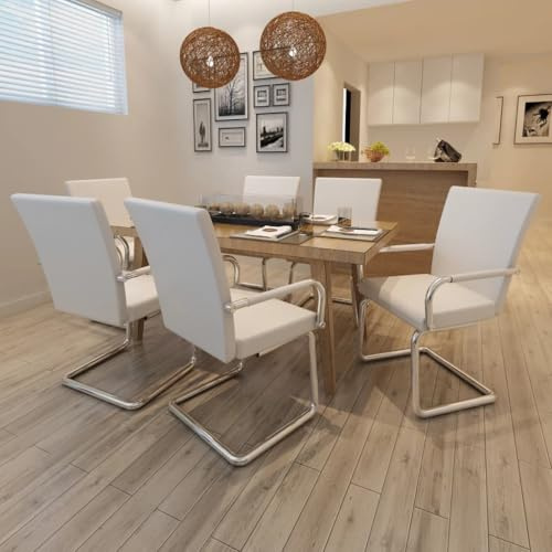 QUAHEAS Freischwinger 6er Set, Weißes Kunstleder, Ergonomische Esszimmerstühle mit Eisenrahmen, Stabile Küchenstühle für Esszimmer, 52x54x92 cm