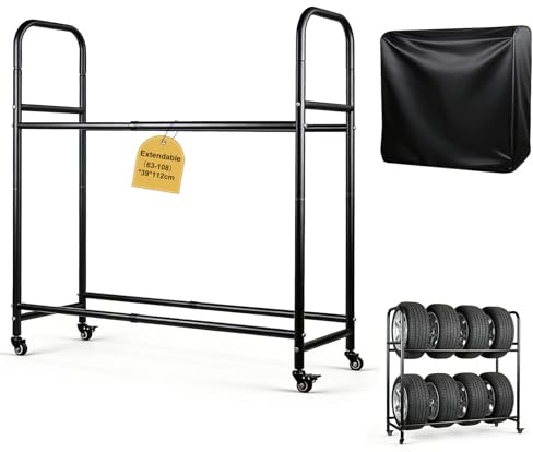 EXLECO Verstellbar Reifenregal für 4-8 Reifen 63-108cm Tragkraft 100-200kg | Reifenständer mit Schutzhülle & Lenkrollen, Werkstattregal Garagen-Reifenhalter, Beschichteter Stahl Felgenständer Schwarz