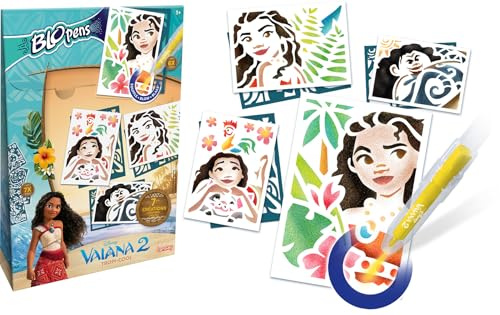 Lansay - Blopens Disney Vaiana 2 Tropi-Cool - Kreativset - Ab 5 Jahren | Mini Pustestifte - 7 Wiederverwendbare Schablonen und Kleine Halterung - Farbe ohne Berührung - Kappen Sind Abwaschbar
