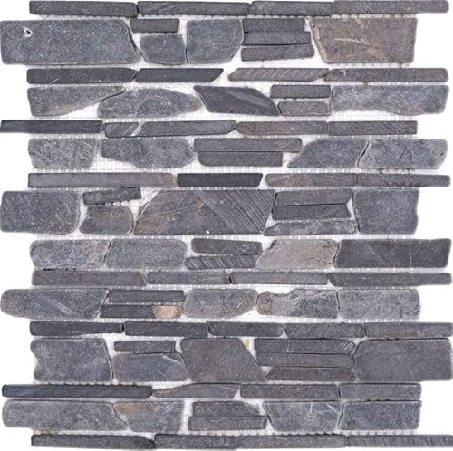 Mosaik Brickmosaik grau anthrazit - schwarz (imprägniert) Marmor Naturstein Küche, Mosaikstein Format: 25-105x15x8 mm, Bogengröße: 305x305 mm, 1 Bogen/Matte