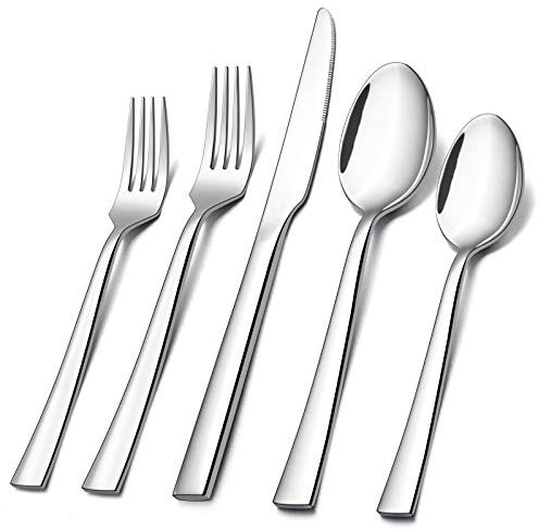 E-far - Set di posate in acciaio inox da 60 pezzi, per 12 persone, set di posate per la tavola per casa, ristorante, feste, forchette/cucchiai/coltelli, bordo squadrato e lucidato a specchio,