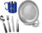normani Camping Kochgeschirrset Essgeschirr runder Teller mit Griff + 5-teiliges Besteck mit Flaschenöffner und Dosenöffner + Karabinertasse Thermotasse rostfreies Reisebesteck Farbe Blau