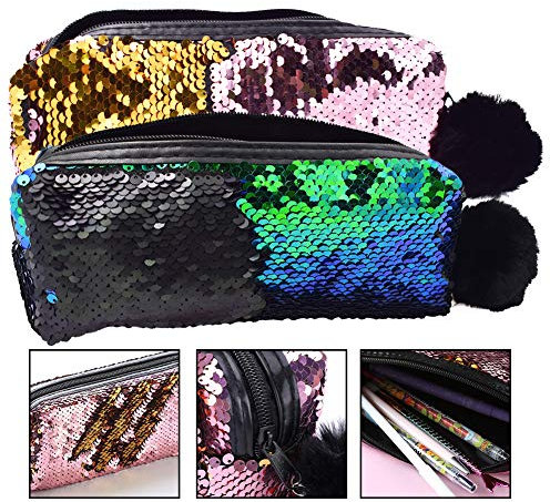 Pailletten Kosmetiktasche, BETOY 2 Stück Pailletten Federmäppchen Meerjungfrau Reversible Glitter Funkeln Make-up Tasche Geldbörse fur Mädchen Frauen Grün/Schwarz,Pink/Gold