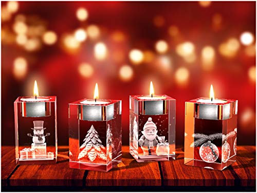 GLASFOTO.COM, Weihnachten Teelichthalter, 50 x 80 x 50 mm, Adventskranz, Kristallglas 3D Innengravur in Premiumqualität (50 x 80 x 50 mm Adventsteelichtset 6)