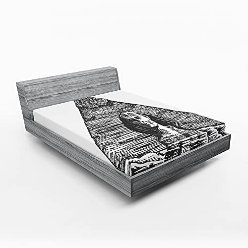 ABAKUHAUS ägyptisch Spannbetttuch, Sphinx Pyramide Sketch, Soft Dekorativer Stoff Bettwäsche Rund-um Elastischer Gummizug, 140 cm x 200 cm, Charcoal Grau Weiß