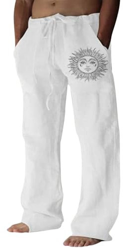 Puimentiua Leinenhose Herren,Lang Leichte Sommerhose,Loose Fit Freizeithose,Baumwollehosen mit Tunnelzug und Taschen (Weiß,S)