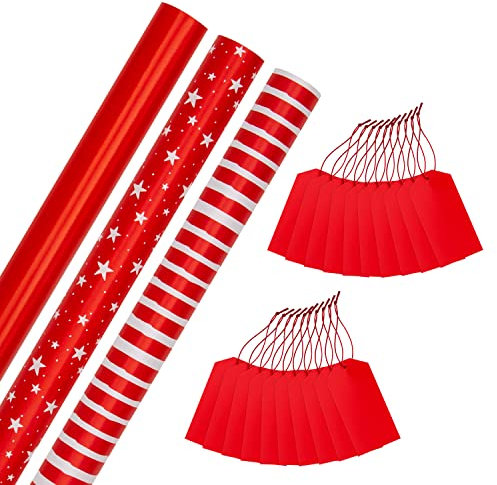 Hallmark Lot de 3 rouleaux de papier cadeau de Noël rouge et étiquette cadeau, 3 motifs avec 2 paquets de 10 étiquettes cadeaux rouges unies