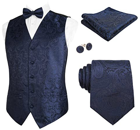 Alizeal Herren Weste Krawatte Hanky Manschettenknöpfe und Fliege Set Paisley Classic 5pc, Dunkelmarine-S