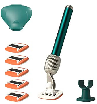 Fler The Razor Shave Set – Damenrasierer mit Austauschbaren Rasierköpfen, Rasierer mit Halterung, 6 Ersatzklingen und Schutzhülle, Unisex-Rasierer, Rasierklingen mit Aloe Vera, Vitamin E (Grün)