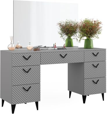 Vicco Schminktisch Anett, Frisiertisch mit Spiegel, Grau, 150 cm mit 7 Schubladen