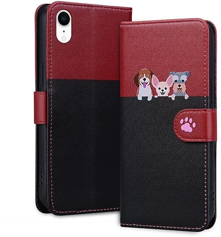 Tiyoo Lovely & Cute Flip Wallet Phone Case for iphone XR with Cartoon Cat&Dog Pattern,Premium Magnetic PU+TPU Leather for high protection phone cover for iphoneXR(Black Red)