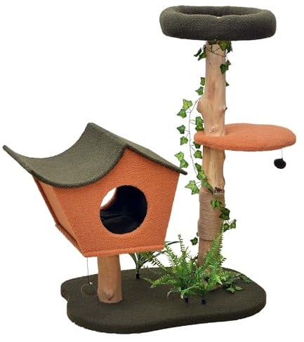 Fudajo Kratzbaum mit Pflanzendeko 114 cm, Katzenkratzbaum mit Teddyfell und Birnbaumholz, Katzenhaus mit Spielbällen, Katzenmöbel mit Plattformen